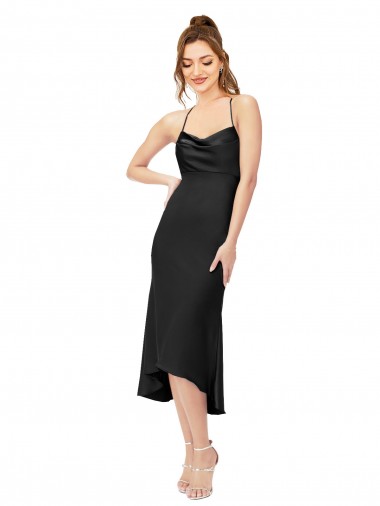Vendeurs de Noir Fourreau midi Satiné Soyeux Courte Asymétrique Robes demoiselle d'honneur / Robes de soirée / Robes de cocktail