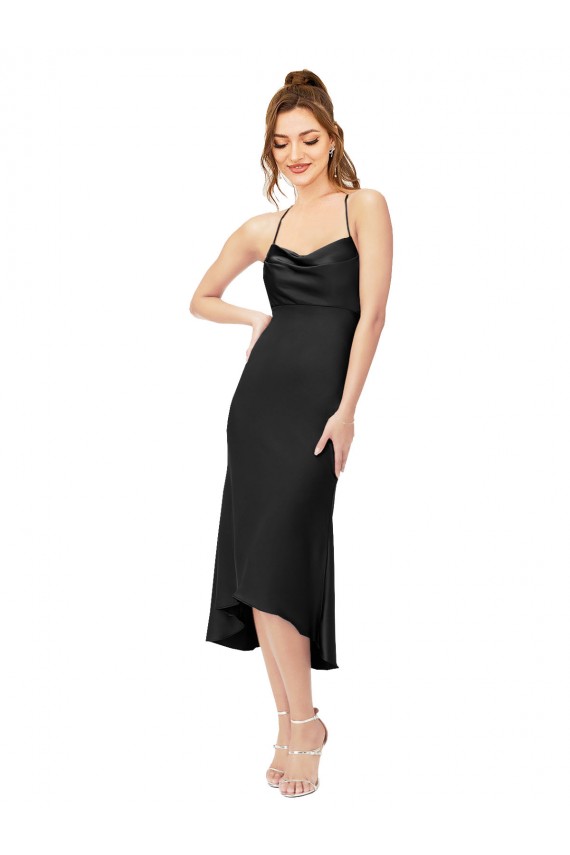 Vendeurs de Noir Fourreau midi Satiné Soyeux Courte Asymétrique Robes demoiselle d'honneur / Robes de soirée / Robes de cocktail