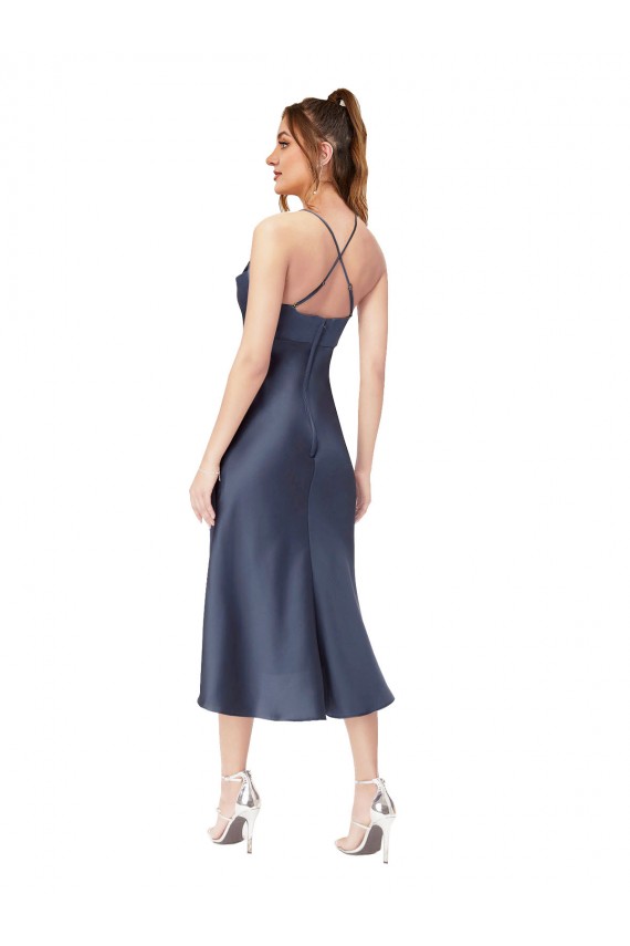 Vendeurs de Noir Fourreau midi Satiné Soyeux Courte Asymétrique Robes demoiselle d'honneur / Robes de soirée / Robes de cocktail