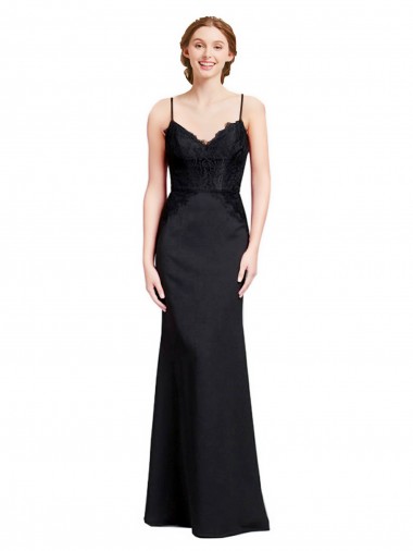 Vendeurs de Noir Sirène Bretelles spaghetti Col V Crêpe Stretch Longue Robes demoiselle d'honneur / Robes de bal