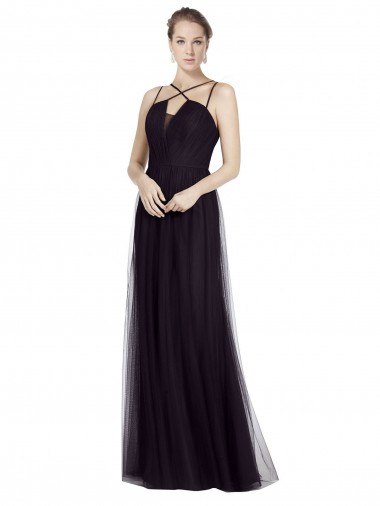 Vendeurs de Noir Trapèze Bretelles spaghetti Col Haut Tulle Longue Robes demoiselle d'honneur
