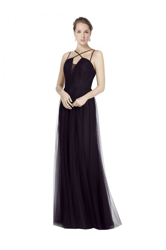 Vendeurs de Noir Trapèze Bretelles spaghetti Col Haut Tulle Longue Robes demoiselle d'honneur