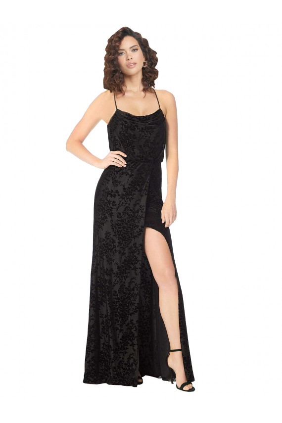Vendeurs de Noir Trapèze Bretelles spaghetti Velours Floral Velours Stretch Longue Robes demoiselle d'honneur