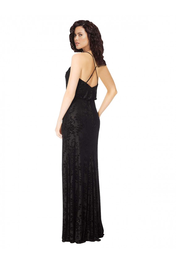 Vendeurs de Noir Trapèze Bretelles spaghetti Velours Floral Velours Stretch Longue Robes demoiselle d'honneur