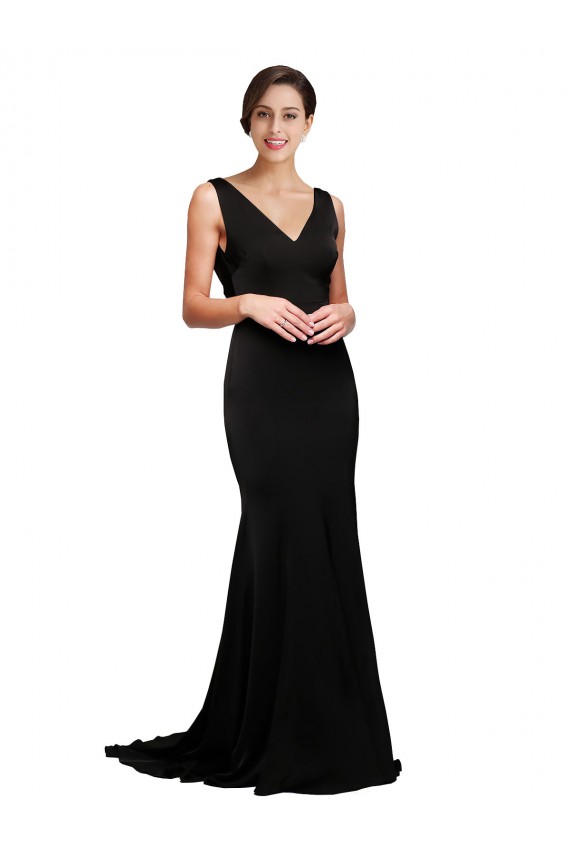 Vendeurs de Noir Trapèze Col V Balayage train Satiné Soyeux Longue Formelles Robes demoiselle d'honneur / Robes de soirée / Robes de bal