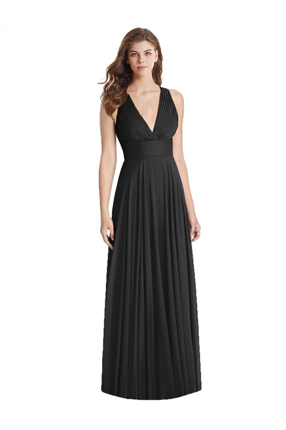 Vendeurs de Noir Trapèze Col V Mousseline Longue Robes demoiselle d'honneur