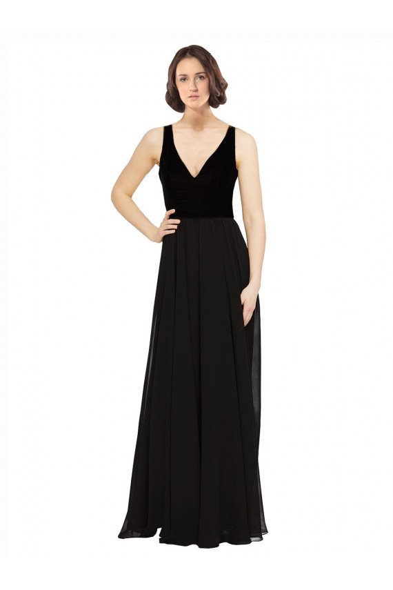 Vendeurs de Noir Trapèze Col V Mousseline Velours Longue Robes demoiselle d'honneur / Robes de bal