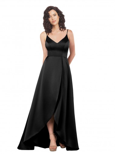 Vendeurs de Noir Trapèze Col V Satiné Soyeux Longue Asymétrique Formelles Robes demoiselle d'honneur / Robes de soirée / Robes de bal