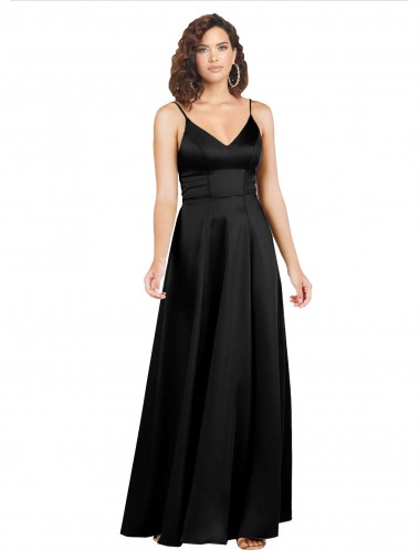 Vendeurs de Noir Trapèze Col V Satiné Soyeux Longue Formelles Robes demoiselle d'honneur / Robes de soirée / Robes de bal