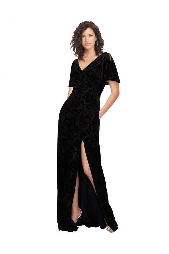 Vendeurs de Noir Trapèze Col V Velours Floral Velours Stretch Longue Robes demoiselle d'honneur