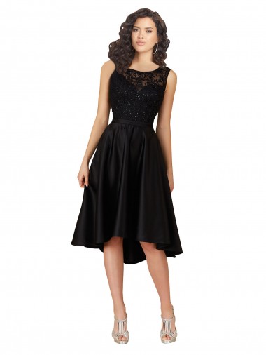 Vendeurs de Noir Trapèze Illusion midi Satiné Dentelle Courte Asymétrique Robes demoiselle d'honneur / Robes de cocktail