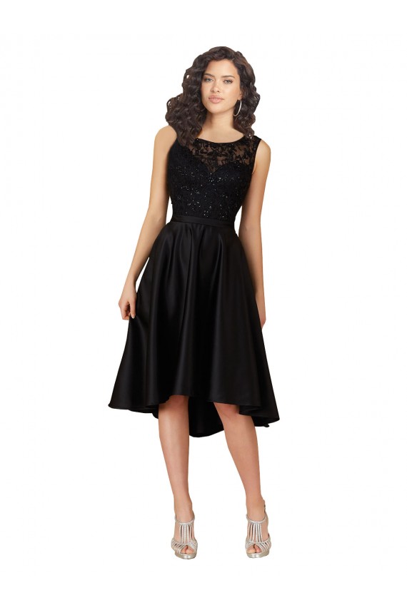 Vendeurs de Noir Trapèze Illusion midi Satiné Dentelle Courte Asymétrique Robes demoiselle d'honneur / Robes de cocktail