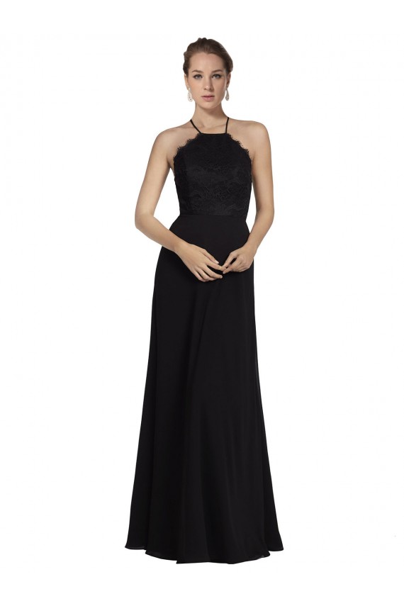 Vendeurs de Noir Trapèze Licou Mousseline Dentelle Longue Robes demoiselle d'honneur