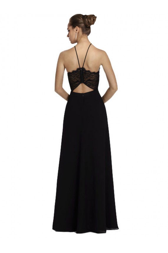 Vendeurs de Noir Trapèze Licou Mousseline Dentelle Longue Robes demoiselle d'honneur