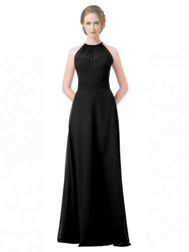 Vendeurs de Noir Trapèze Licou Mousseline Longue Robes demoiselle d'honneur