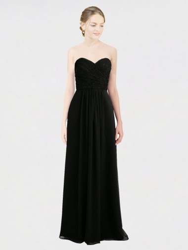 Vendeurs de Noir Trapèze Sans bretelle Mousseline Dentelle Longue Robes demoiselle d'honneur