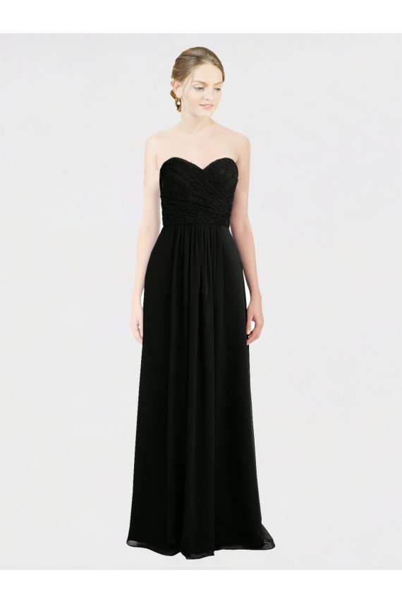 Vendeurs de Noir Trapèze Sans bretelle Mousseline Dentelle Longue Robes demoiselle d'honneur