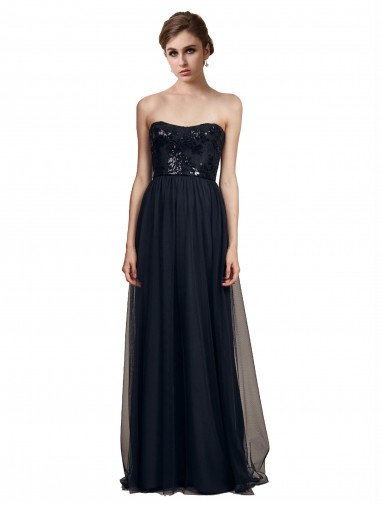 Vendeurs de Noir Trapèze Sans bretelle Tulle Longue Robes demoiselle d'honneur