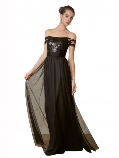 Vendeurs de Noir Trapèze Épaule Dénudée Tulle Paillette Longue Robes demoiselle d'honneur