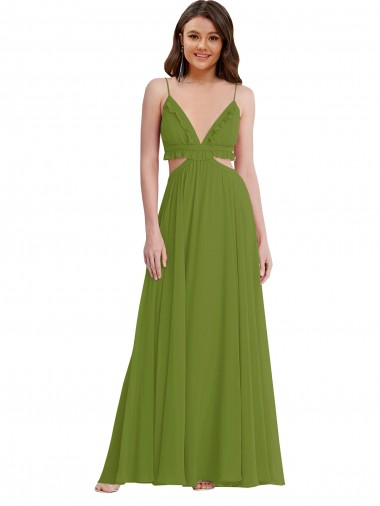 Vendeurs de Olive verte Trapèze Col V Mousseline Longue Robes demoiselle d'honneur