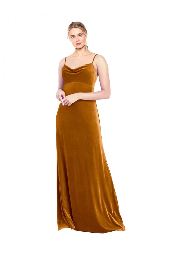 Vendeurs de Or Trapèze Bretelles spaghetti Velours Stretch Longue Robes demoiselle d'honneur / Robes de bal