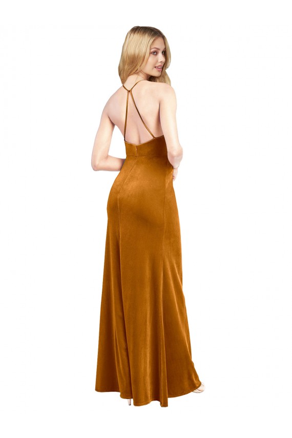 Vendeurs de Or Trapèze Licou Col Haut Velours Stretch Longue Formelles Robes demoiselle d'honneur / Robes de soirée / Robes de bal