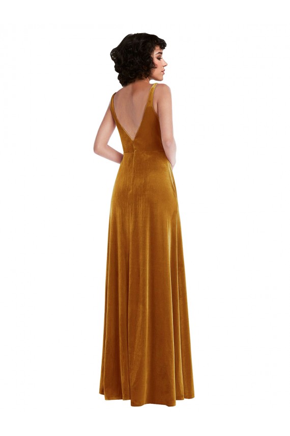 Vendeurs de Or Trompette Col V Velours Stretch Longue Robes demoiselle d'honneur / Robes de bal