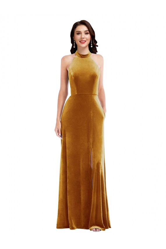 Vendeurs de Or Trompette Licou Col Haut Velours Stretch Longue Robes demoiselle d'honneur / Robes de bal