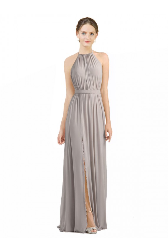 Vendeurs de Oyster Argent Trapèze Licou Mousseline Longue Robes demoiselle d'honneur