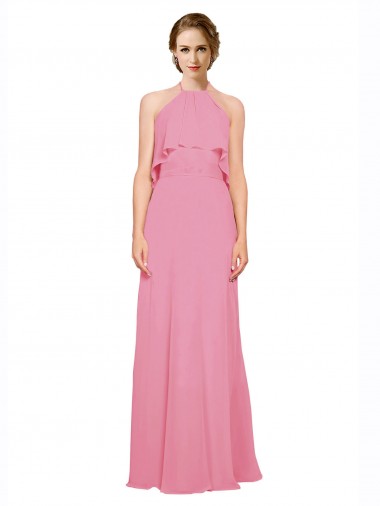 Vendeurs de Peau Rose Trapèze Licou Col Haut Mousseline Longue Robes demoiselle d'honneur