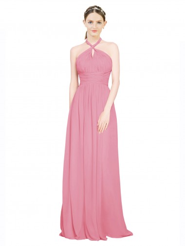 Vendeurs de Peau Rose Trapèze Licou Col V Mousseline Longue Robes demoiselle d'honneur