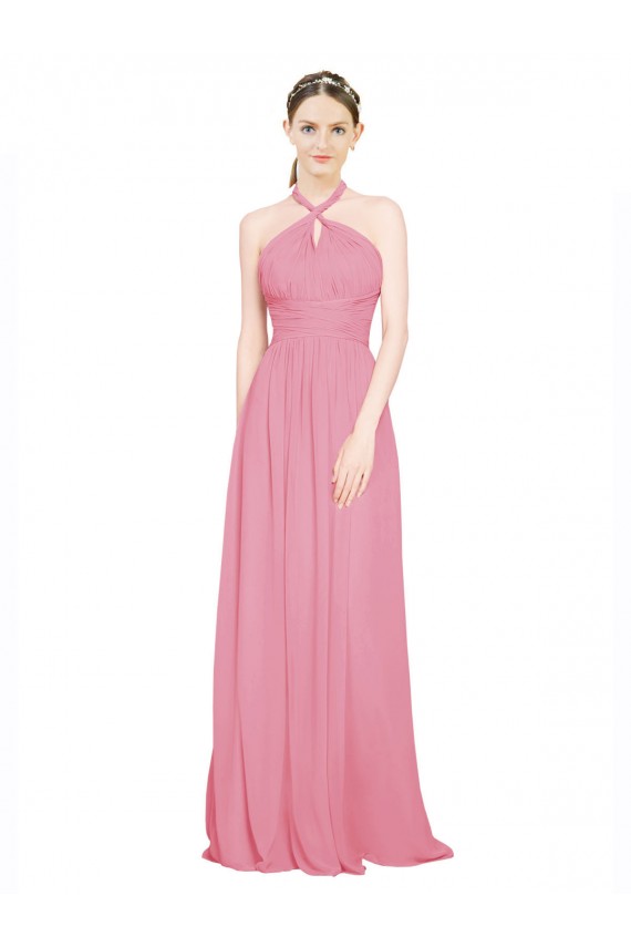 Vendeurs de Peau Rose Trapèze Licou Col V Mousseline Longue Robes demoiselle d'honneur