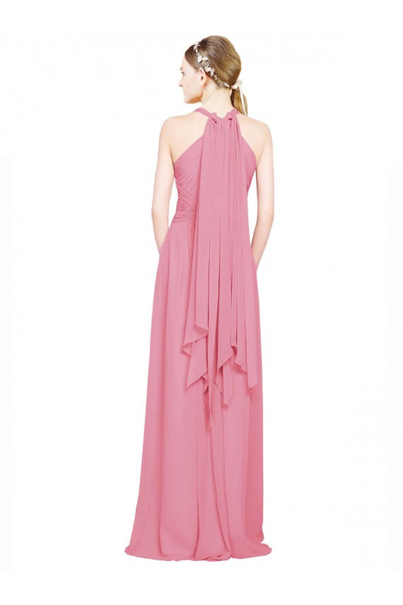 Vendeurs de Peau Rose Trapèze Licou Col V Mousseline Longue Robes demoiselle d'honneur