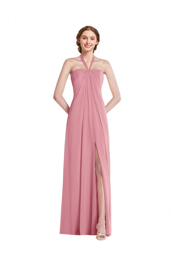 Vendeurs de Peau Rose Trapèze Licou Mousseline Longue Robes demoiselle d'honneur