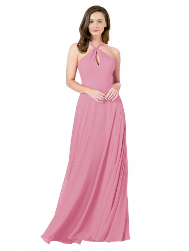 Vendeurs de Peau Rose Trapèze Licou Mousseline Longue Robes demoiselle d'honneur / Robes de bal