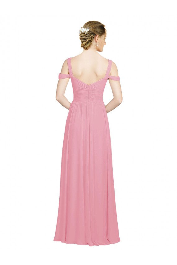 Vendeurs de Peau Rose Trapèze Épaule Dénudée Mousseline Longue Robes demoiselle d'honneur