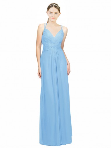 Vendeurs de Periwinkle Trapèze Bretelles spaghetti Col V Mousseline Longue Robes demoiselle d'honneur