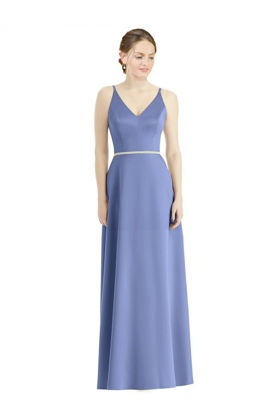 Vendeurs de Periwinkle Trapèze Bretelles spaghetti Col V Satiné Longue Robes demoiselle d'honneur