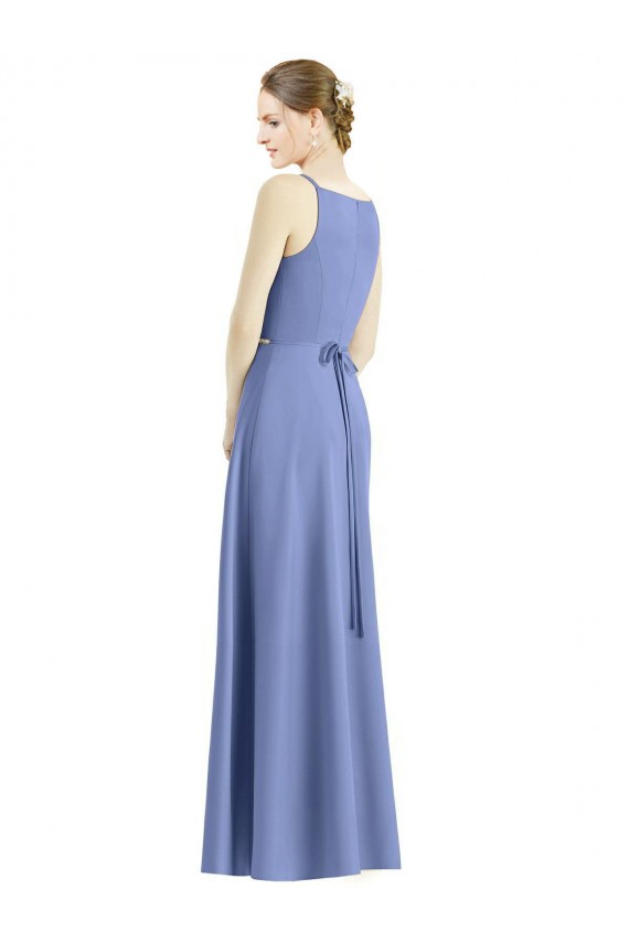 Vendeurs de Periwinkle Trapèze Bretelles spaghetti Col V Satiné Longue Robes demoiselle d'honneur