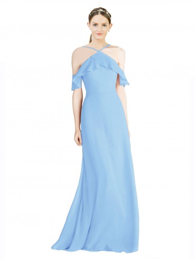 Vendeurs de Periwinkle Trapèze Licou Mousseline Longue Robes demoiselle d'honneur