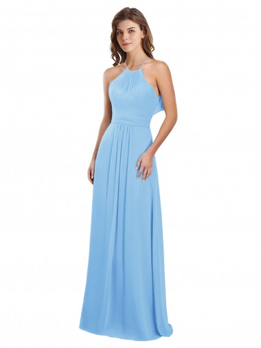 Vendeurs de Periwinkle Trapèze Licou Mousseline Longue Robes demoiselle d'honneur