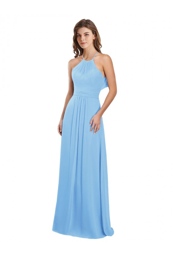 Vendeurs de Periwinkle Trapèze Licou Mousseline Longue Robes demoiselle d'honneur