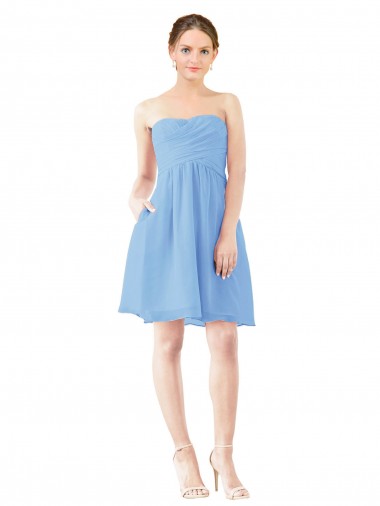Vendeurs de Periwinkle Trapèze Sans bretelle Mousseline Courte Robes demoiselle d'honneur / Robes de cocktail