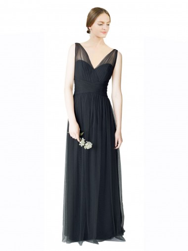 Vendeurs de Pewter Trapèze Col V Tulle Longue Robes demoiselle d'honneur
