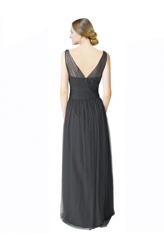 Vendeurs de Pewter Trapèze Col V Tulle Longue Robes demoiselle d'honneur