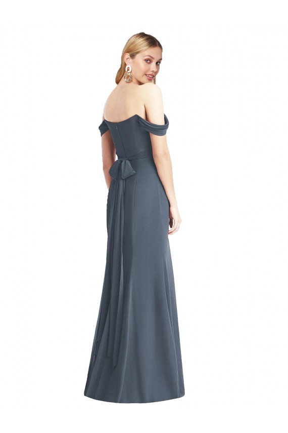 Vendeurs de Pierre d'argent Trompette Épaule Dénudée Mousseline Longue Robes demoiselle d'honneur