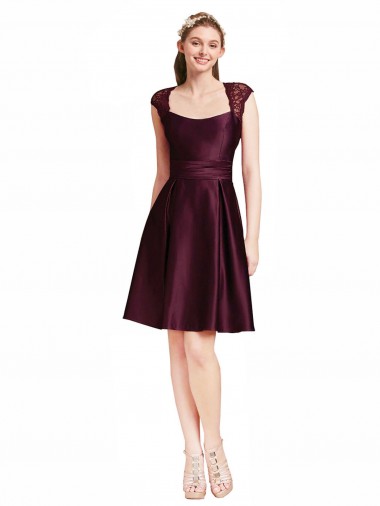 Vendeurs de Pourpre Trapèze Col Carré Satiné Dentelle Courte Robes demoiselle d'honneur / Robes de cocktail