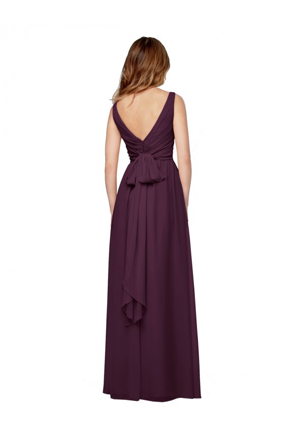 Vendeurs de Pourpre Trapèze Col V Mousseline Longue Robes demoiselle d'honneur