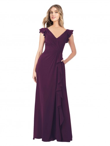 Vendeurs de Pourpre Trapèze Col V Mousseline Longue Robes demoiselle d'honneur
