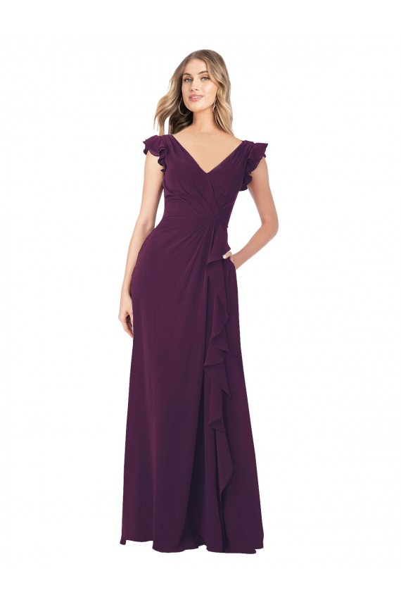 Vendeurs de Pourpre Trapèze Col V Mousseline Longue Robes demoiselle d'honneur
